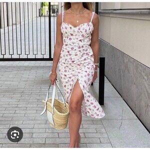 Zara Cottage Pink Floral Dress Eyelet Front Slit Sweetheart Neck